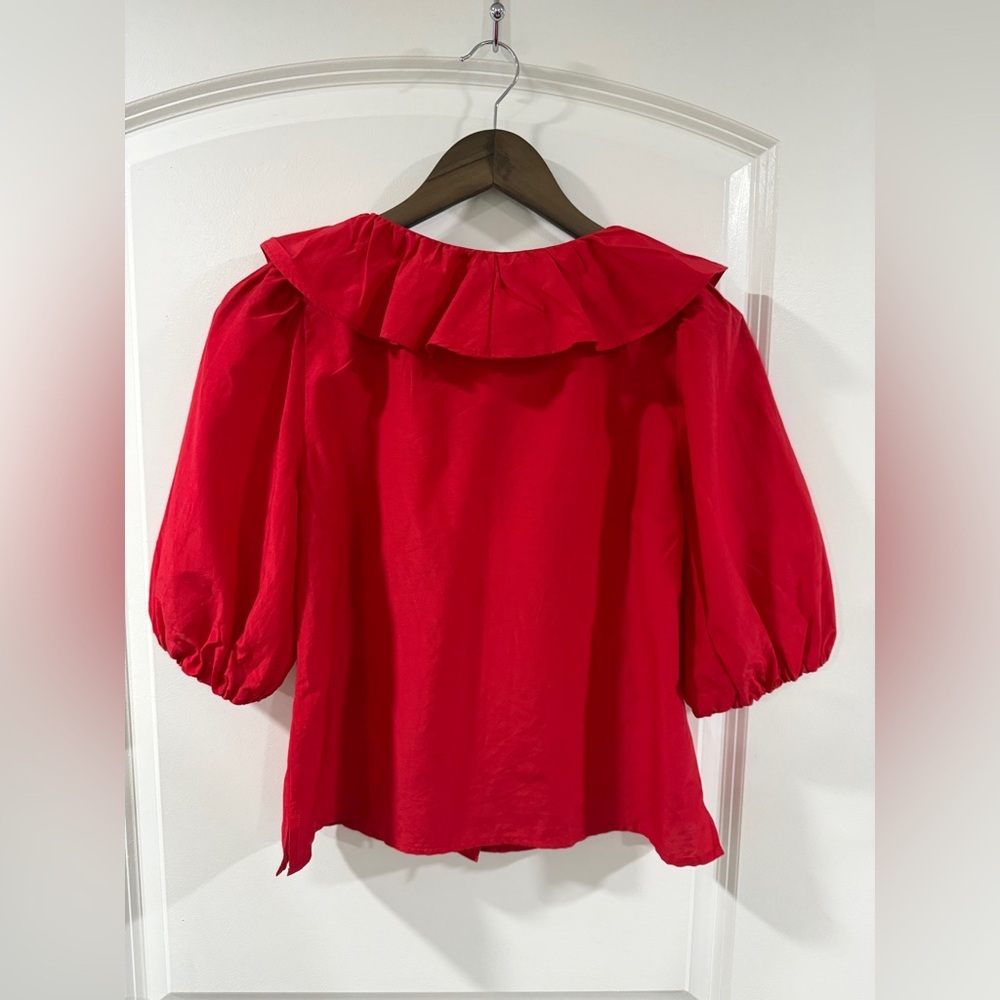 Madewell Ruffled Y-Neck Cotton-Silk Top Festival Red XS Puff Sleeve NWT - Picture 5 of 11